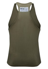 Alyvmedžio spalvos medvilninis tank top'as su sportiniu nugaros dizainu. Savyje turi etiketę nugarinėje dalyje su prekinio ženklo logotipu ir priežiūros nurodymais.