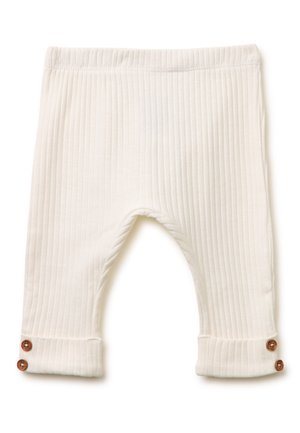 Leggings de bebé color crema con textura acanalada, puños doblados y dos botones marrones en cada pierna.