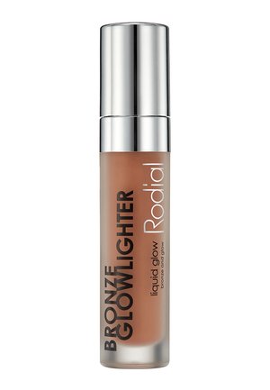 Flasche Rodial Bronze Glowlighter flüssiges Glow-Make-up mit silbernem Deckel und bronzefarbenem Produkt im Inneren.
