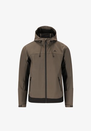 Brun vandtæt jakke med hætte, lynlås lukning, kontrasterende sorte sidepaneler, justerbar snor og to frontlommer.