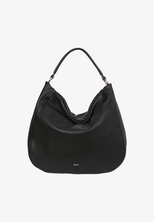 Black leather handbag with a slouchy design, smooth texture, and curved shape. Features a single handle and subtle brand detailing.