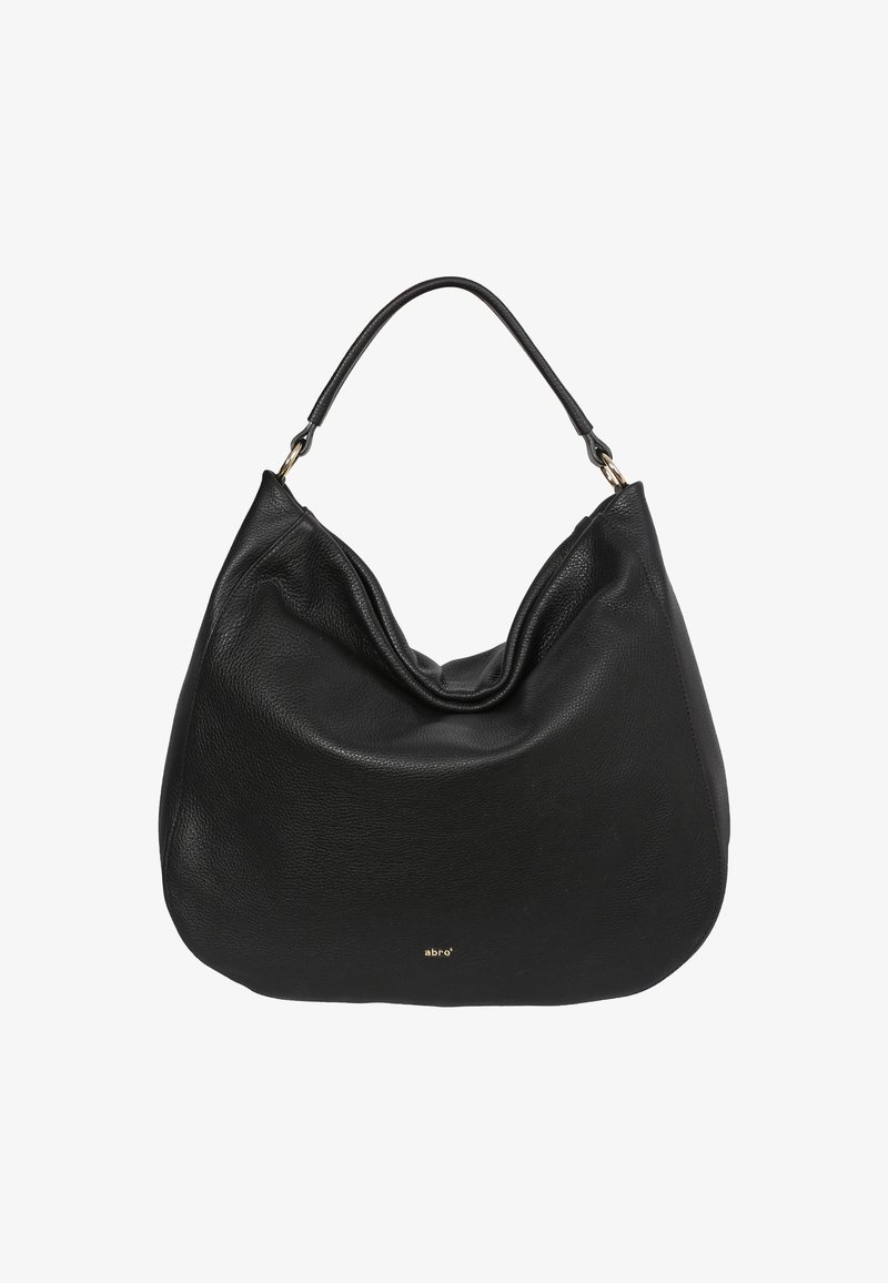 Schwarze Lederhandtasche mit einem lässigen Design, glatter Textur und geschwungener Form. Verfügt über einen einzelnen Griff und dezente Markendetails.