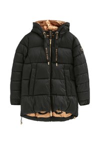 Czarna puchowa kurtka z kapturem, z złotymi detalami, pikowaną strukturą i kontrastowym złotym wnętrzem. Zawiera dwie przednie kieszenie.