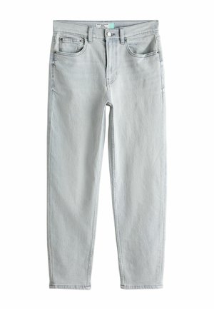 Light gray denim jeans with a straight fit, five pockets, a button closure, and subtle texture. Features stitched detailing along the seams.