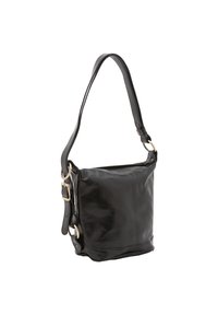 Borsa a tracolla in pelle nera con una texture liscia, tracolla regolabile, accessori in metallo dorato e una forma rettangolare semplice.
