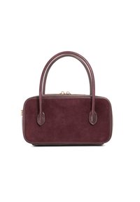 Mauve handbag with a rectangular shape, made of suede, featuring two handle straps and a gold zipper closure. Smooth texture and no visible patterns.
