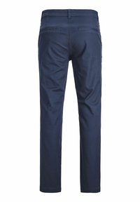 Navy blue straight-leg trousers shown from the back with belt loops and two welt pockets.