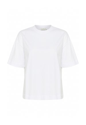 T-shirt en coton blanc avec un col rond, des manches courtes et une coupe décontractée. Présente des coutures latérales et un ourlet droit. Design simple et épuré.
