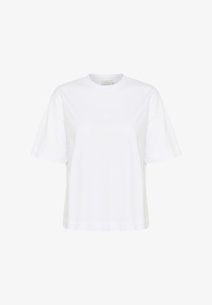T-shirt en coton blanc avec un col rond, des manches courtes et une coupe décontractée. Présente des coutures latérales et un ourlet droit. Design simple et épuré.