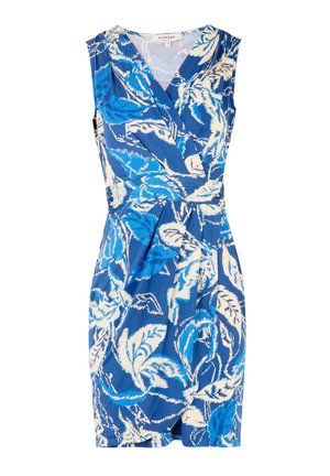 Blauwe bloemen wikkeljurk met mouwloos ontwerp, voorzien van witte bladcirkels, v-hals en plissé-detailing bij de taille.