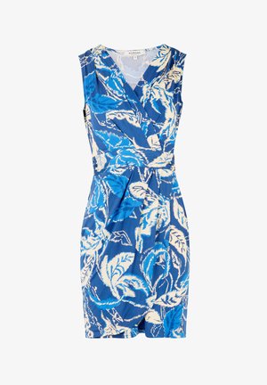 Blauwe bloemen wikkeljurk met mouwloos ontwerp, voorzien van witte bladcirkels, v-hals en plissé-detailing bij de taille.