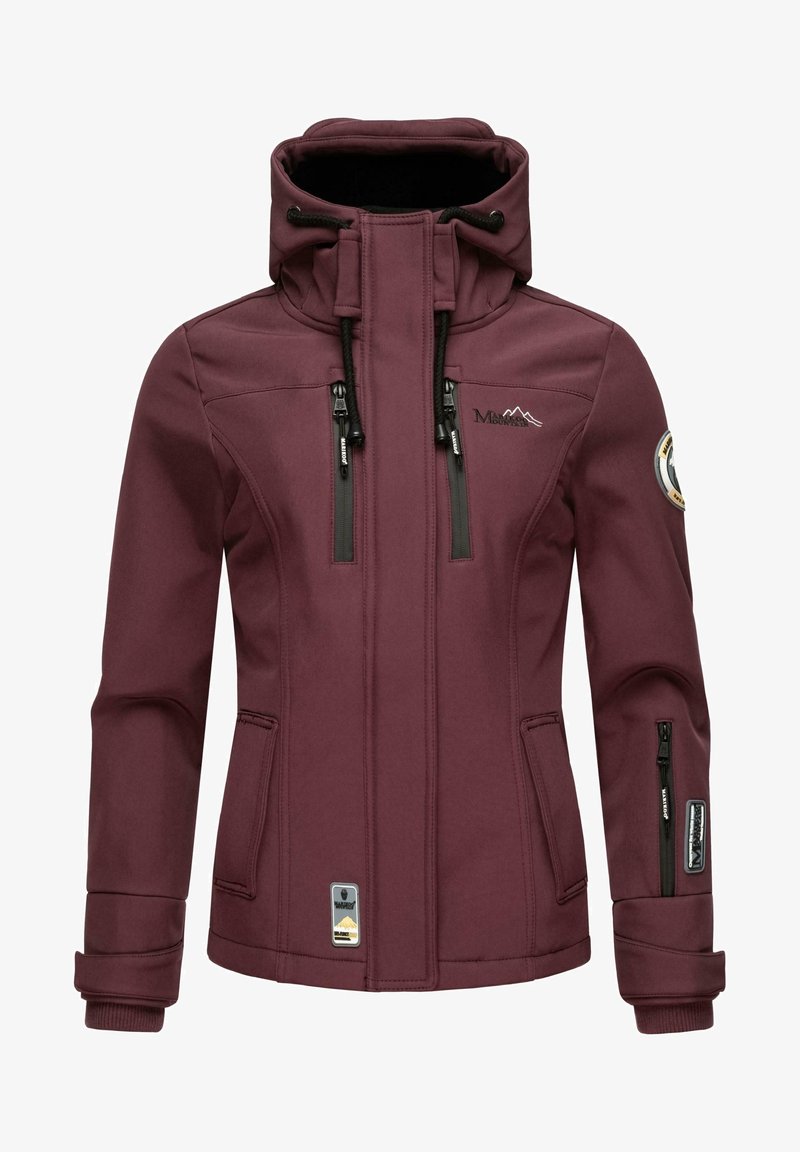 Burgundy outdoor jacket with a high collar, black zippers, two side pockets, and an embroidered logo. Features adjustable drawstrings at the hood.
