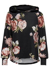 Sudadera negra con flores de ajuste holgado, que presenta grandes rosas rosas y margaritas blancas en la tela; mangas largas con puños y capucha ajustable con cordones.