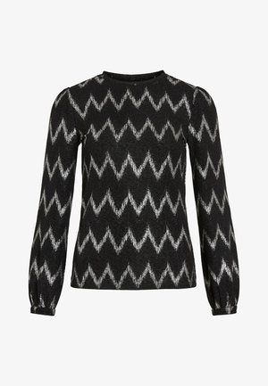 Melna garām piedurknēm džempera ar sudraba zigzagām svītrām un nedaudz pūkām uz pleciem, ar elastīgām aprocēm.