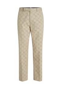 Beige pants with a houndstooth perforated pattern, featuring a flat front, belt loops, and straight legs. Crafted from breathable fabric.