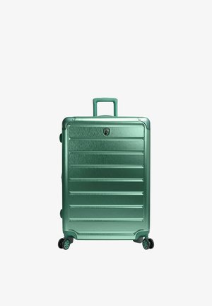 Green hard-shell suitcase with extendable handle and four double spinner wheels, standing upright on a white background.