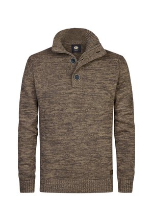 Bruine en beige gemêleerde gebreide pullover sweater met geribde manchetten, zoom, kraag met een hoge hals en twee knopen aan de voorkant.