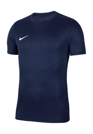 Marinefarbener, kurzärmliger Sport-T-Shirt aus glattem, feuchtigkeitsableitendem Material mit einem weißen Nike-Logo auf der linken Brust.