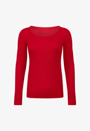 Rode lange mouw top van ribstof met een ronde halslijn en een aansluitend ontwerp, met een gladde textuur en zonder zichtbare versieringen.