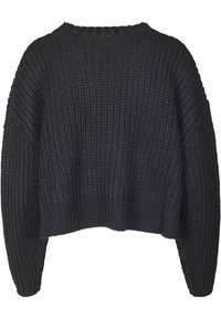 Schwarzer gestrickter Pullover mit boxy Form, abfallenden Schultern und einem strukturierten, gerippten Muster. Kurz geschnitten mit weit geschnittenen Ärmeln.