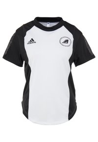 Krátký rukáv sportovní dres v bílé barvě s černými akcenty; obsahuje síťované boční panely a logo Adidas na hrudi a rameni.