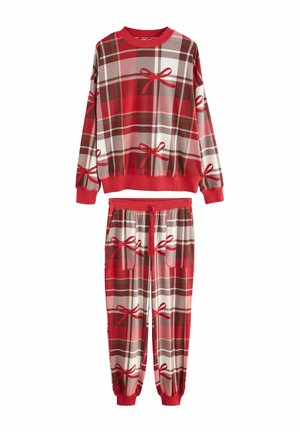Red and gray plaid pajama set with bows; features a long-sleeve top and cuffed pants. Soft fabric with elastic waistband and side pockets.