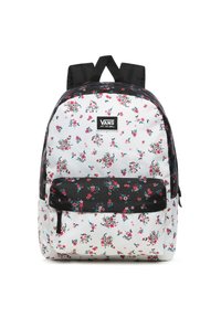 Zaino floreale con sfondo bianco, base nera e spallacci neri regolabili. Presenta vivaci motivi di fiori rosa e blu.