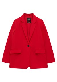 Rød blazer med et struktureret design, enkel knaplukning, to forlommer og en glat tekstur. Har spidse revers og lange ærmer.