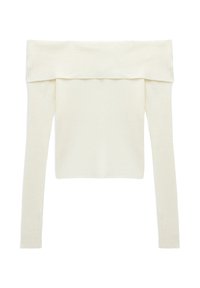 Off-white gebreide lange mouwen off-shoulder trui met brede omgeslagen halslijn en geribbelde textuur.