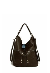 Brūna mākslīgā āda rokassoma ar teksturētu apdari, vaļīgu formu, divām rāvējslēdzēja priekšējām kabatām un dubultām plecu siksnām.