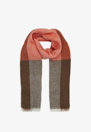 Multicolored scarf featuring textured fabric in shades of coral, grey, and brown with frayed edges, designed in a long rectangular shape.