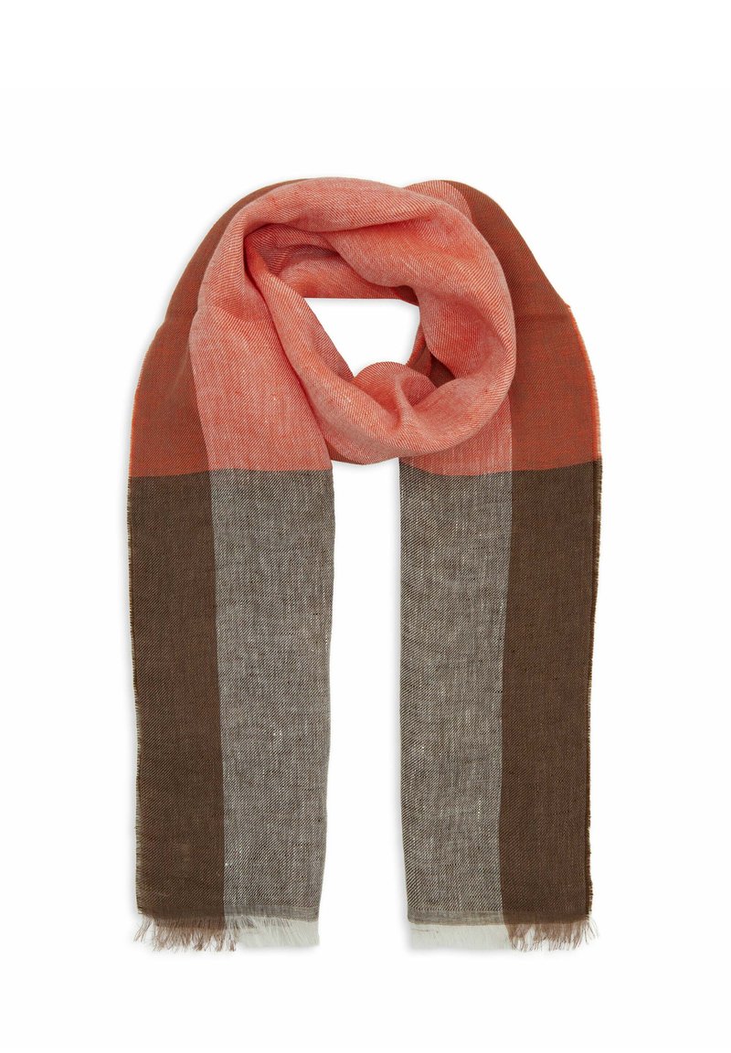 Multicolored scarf featuring textured fabric in shades of coral, grey, and brown with frayed edges, designed in a long rectangular shape.