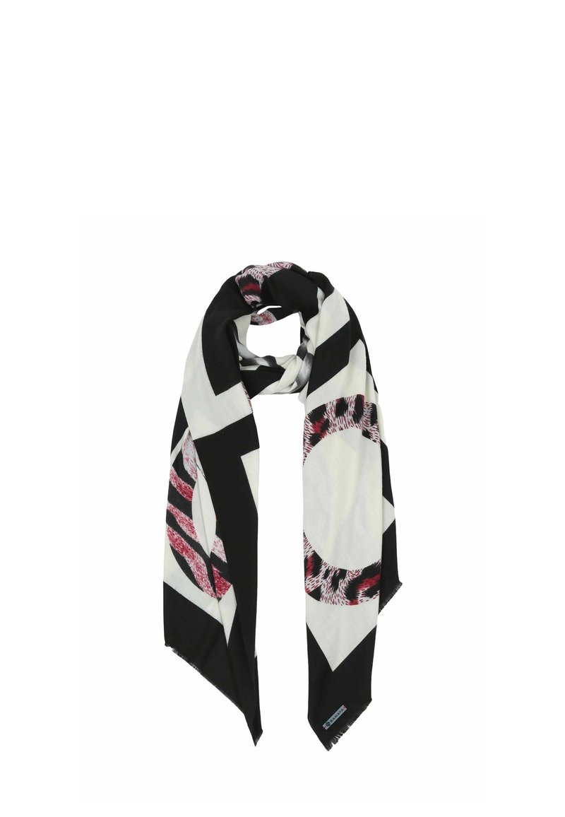 Schwarz-weißer gemusterter Schal mit geometrischen Formen und einem roten Akzent. Hergestellt aus einem weichen Stoff mit fertigen Kanten.