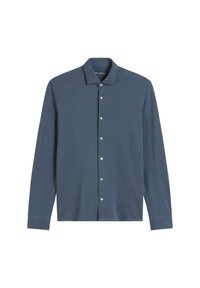 Lange mouwen overhemd met knopen in donkerblauw, gemaakt van zachte stof. Beschikt over een kraag, zeven knopen aan de voorkant en een getailleerde silhoutte.