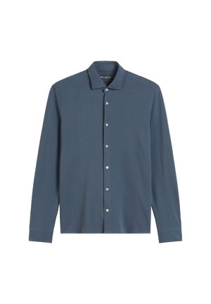 Long-sleeve button-up shirt in dark blue, made of soft fabric. Features a collared neck, seven buttons down the front, and a fitted silhouette.