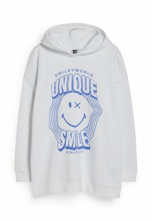 Biała bluza z kapturem z niebieską mrugającą buźką i tekstem "Smileyworld Unique Smile Since 1972" na przodzie.