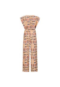 Geprinte jumpsuit met een beige achtergrond, bloem- en vlinderpatronen in blauw en oranje, met kapmouwen en een elastische taille.