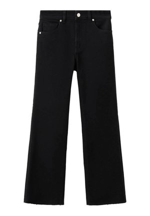 Jean noir à jambes larges en denim, doté de cinq poches, d'une fermeture par bouton et d'un ourlet brut aux chevilles.