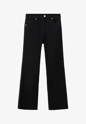 Jean noir à jambes larges en denim, doté de cinq poches, d'une fermeture par bouton et d'un ourlet brut aux chevilles.