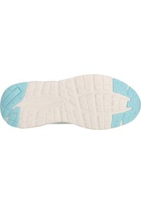 Juoksukengän pohja, valkoista kumia vaaleansinisillä yksityiskohdilla. Strukturoidulta pinnalta ja kuvioitu pohja tarjoaa pitoa. Pyöristetty varvas- ja kantamuoto.