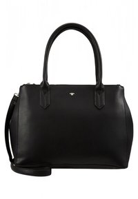 Sort læderhåndtaske med to robuste håndtag, en aftagelig skulderrem, rund form og diskret logodetalje på forsiden.