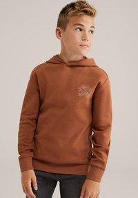 Roestbruin hoodie met een kangoeroezak, geribbelde manchetten en zoom. Bevat een witte afbeelding van een zon met de tekst "Blue Ridge". Comfortabele stof.