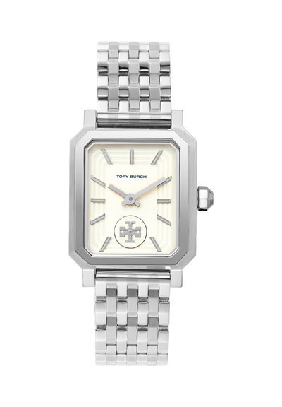 Montre-bracelet Tory Burch en acier inoxydable argenté avec cadran rectangulaire, cadran crème, index argentés et logo à six heures.