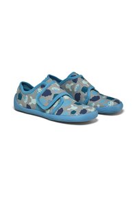 Blue and gray children's shoes with a cloud pattern, made of fabric, featuring a hook-and-loop strap and a flexible rubber sole.