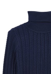 Pull en maille bleu marine avec un col montant, présentant un motif chevron texturé et des accents côtelés au niveau de l'encolure et des poignets.