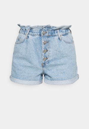Lyseblå denimshorts med rynket elastisk midje, fem-knapp frontlukking og rullede saumlinjer. Har to sidelommer.