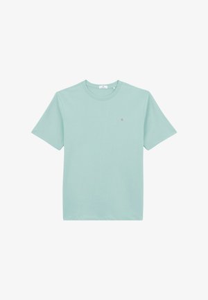 Lichtgroen T-shirt met korte mouwen en ronde hals, met een klein cirkelvormig logo op de linkerborst, weergegeven op een witte achtergrond.