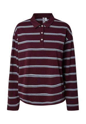 Dlouhý rukáv bordó polokošile s bílými horizontálními pruhy a třemi knoflíky na přední léze.
