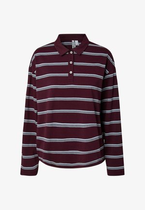 Dlouhý rukáv bordó polokošile s bílými horizontálními pruhy a třemi knoflíky na přední léze.