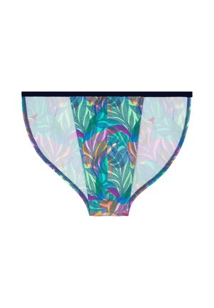 Doorzichtige bikini-stijl onderbroek met meerkleurig abstract bladdessin en donkerblauwe tailleband.